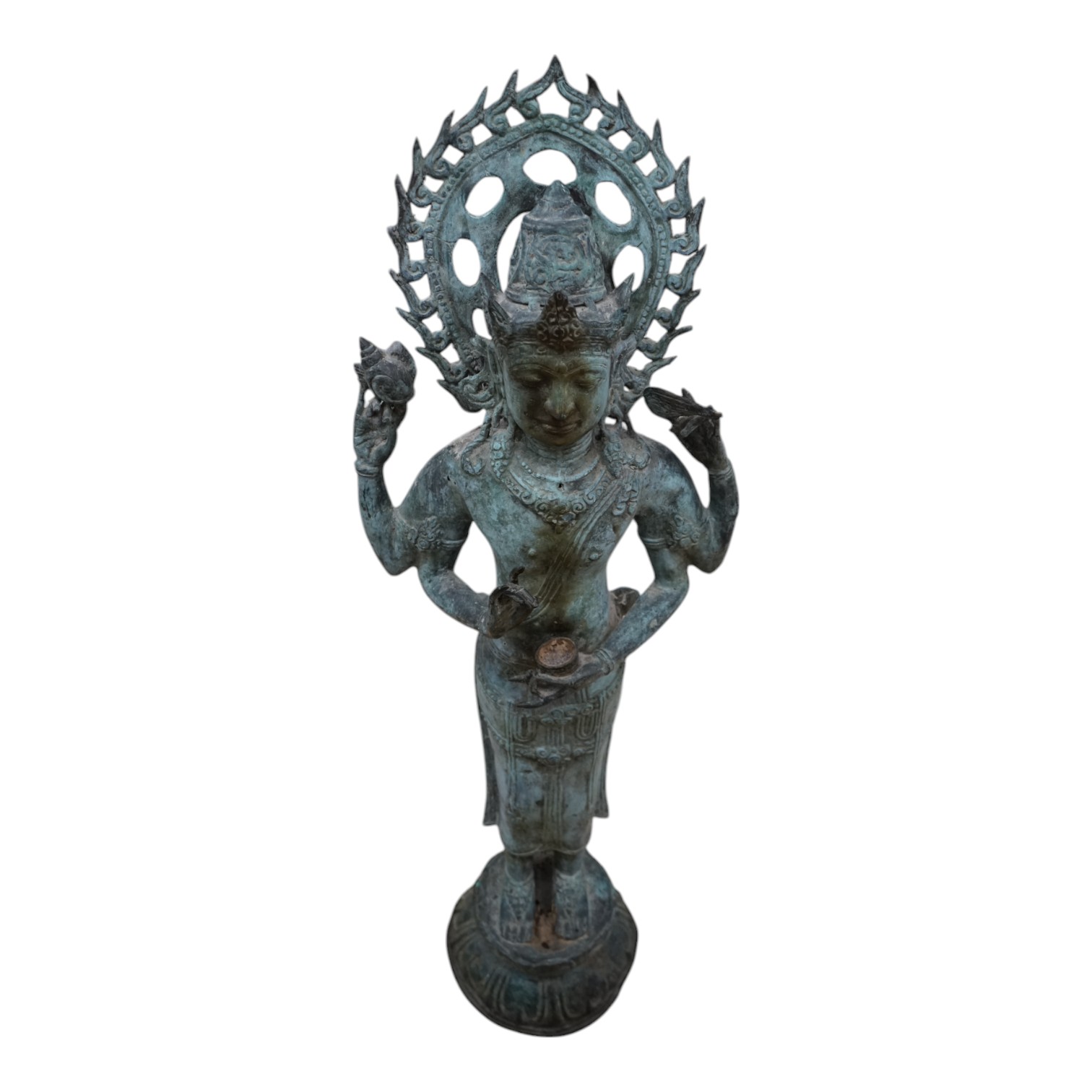 A mid to late century spelter figure of Vishnu, 93cm high. Condition - hands from incense or a candle being lit.